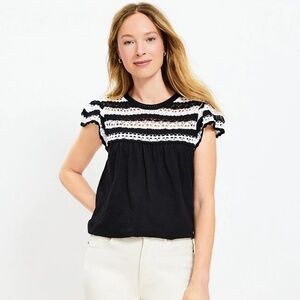 Loft Sz S Crochet Ruffle Crew Neck Sleeve Top Blouse Pullover Black White